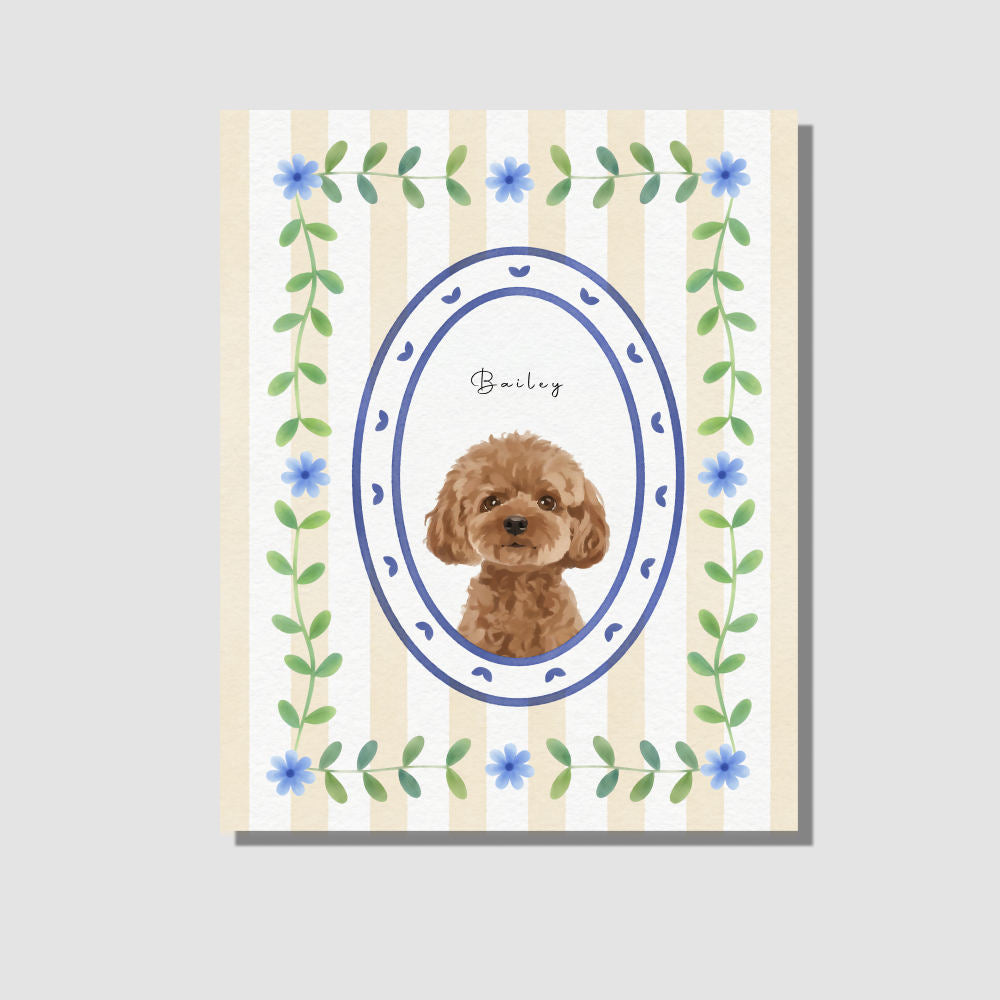Modern Watercolor One Pet Portrait Blue Floral Frame