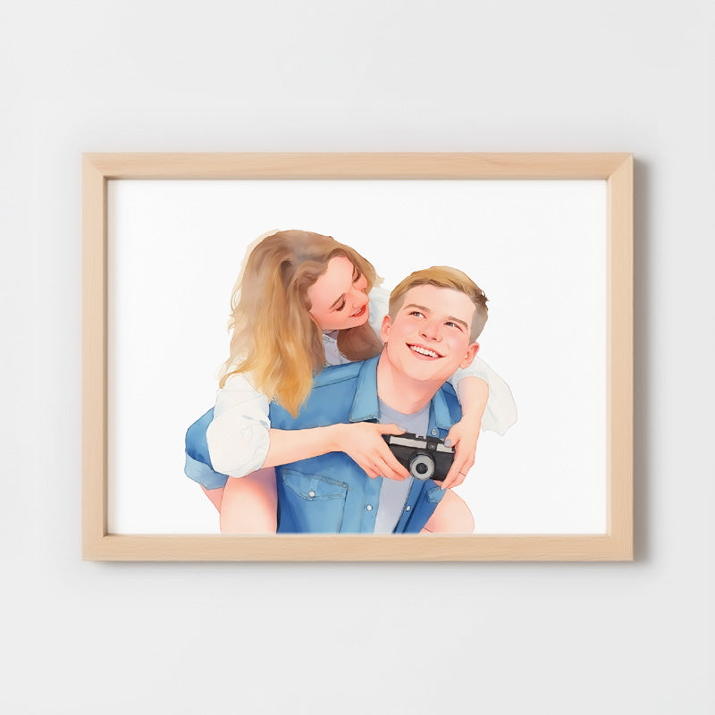 Custom Watercolor Portraits of Couples Canvas Photo Frame Red Oak
