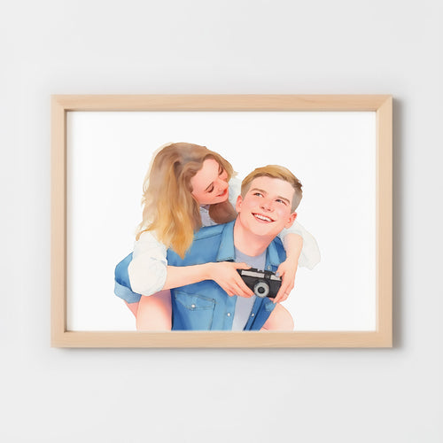 Custom Watercolor Portraits of Couples Canvas Photo Frame Red Oak