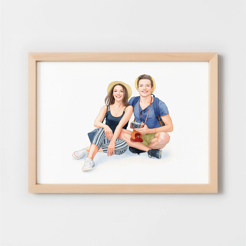 Custom Watercolor Portraits of Couples Canvas Photo Frame Red Oak