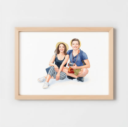 Custom Watercolor Portraits of Couples Canvas Photo Frame Red Oak