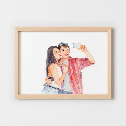 Custom Watercolor Portraits of Couples Canvas Photo Frame Red Oak