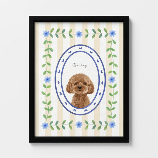 Modern Watercolor One Pet Portrait Blue Floral Frame