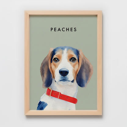 Custom Watercolor Pet Portrait – Red Oak Frame, Matte Paper