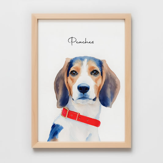 Custom Watercolor Pet Portrait – Red Oak Frame, Matte Paper