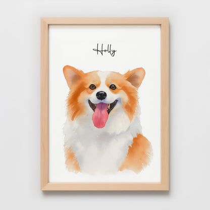 Custom Watercolor Pet Portrait – Red Oak Frame, Matte Paper