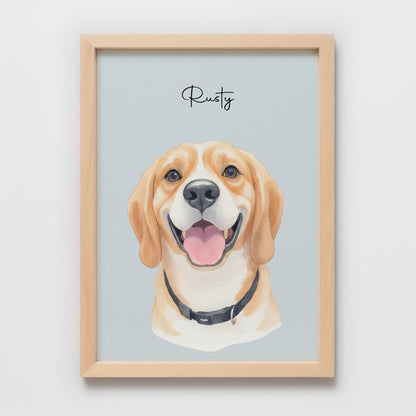 Custom Watercolor Pet Portrait – Red Oak Frame, Matte Paper