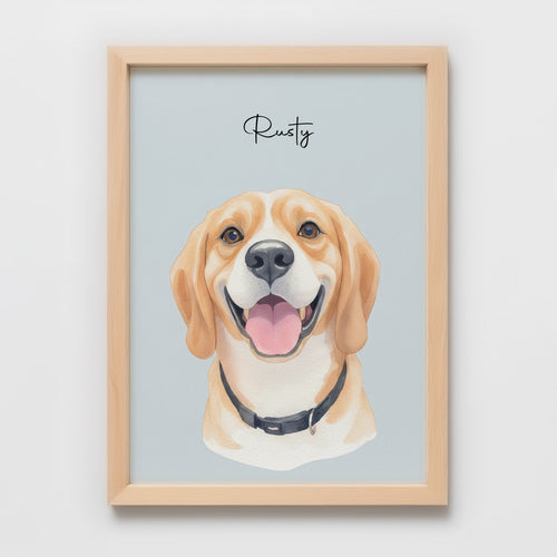 Custom Watercolor Pet Portrait – Red Oak Frame, Matte Paper