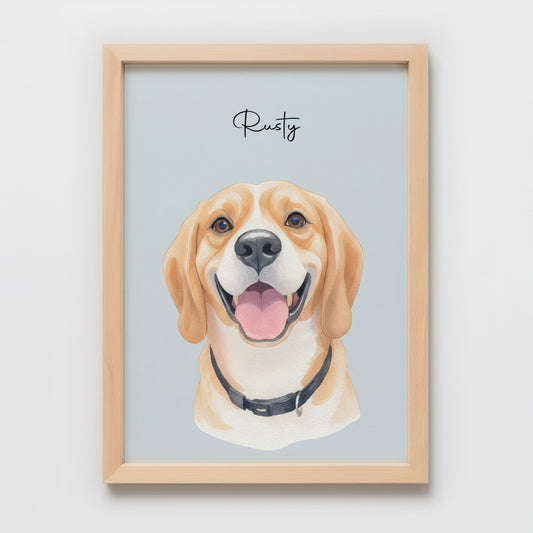 Custom Watercolor Pet Portrait – Red Oak Frame, Matte Paper