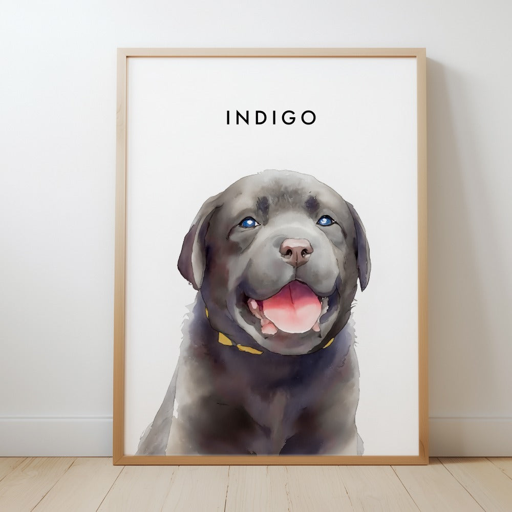 Custom Watercolor Pet Portrait – Red Oak Frame, Matte Paper