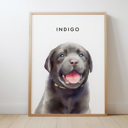 Custom Watercolor Pet Portrait – Red Oak Frame, Matte Paper